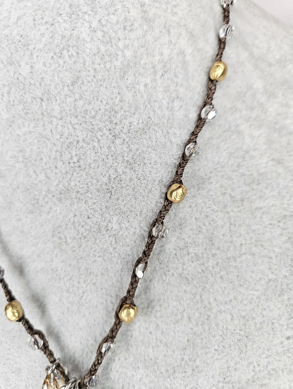 Brighton Karma Crystal Heart Charm Necklace Brown Braided Cord Silver Gold EUC - Picture 3 of 9